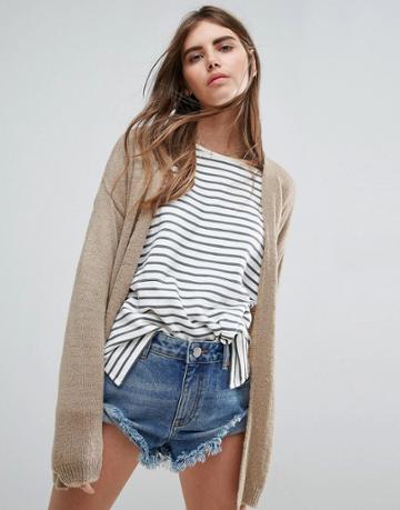 Asos Cardigan In Fine Knit Fluffy Yarn - Stone