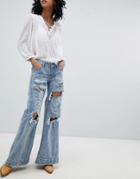 One Teaspoon Festival Johnnies Low Waist Wide Leg Jean With Rips - Blue