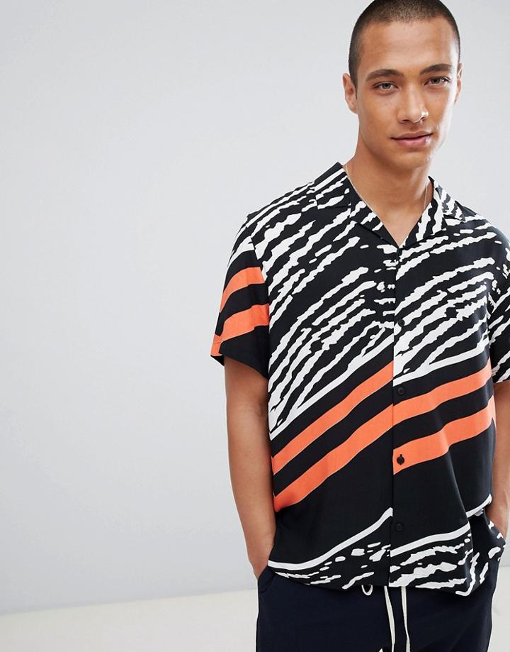 Asos Design Regular Fit Printed Shirt With Revere Collar - Brown