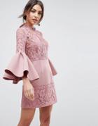 Asos Lace Fluted Sleeve Scuba Skater Mini Dress - Pink