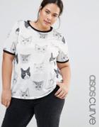 Asos Curve T-shirt In Sketchy Cat Print - White