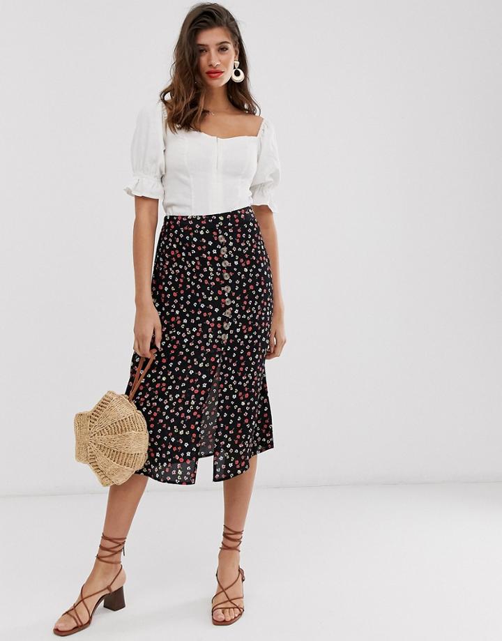 River Island Midi Skirt In Black Ditsy Print