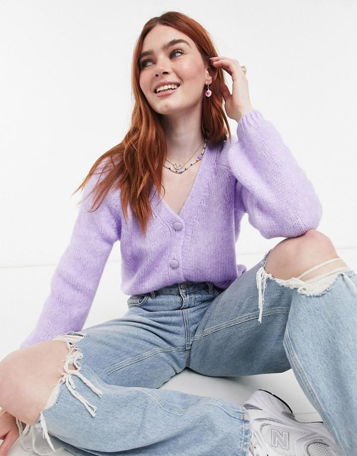 Only Knitted Cardigan With Balloon Sleeve In Purple