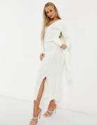 Fashionkilla Knitted Plunge Front Belted Midi Dress In Ecru-white