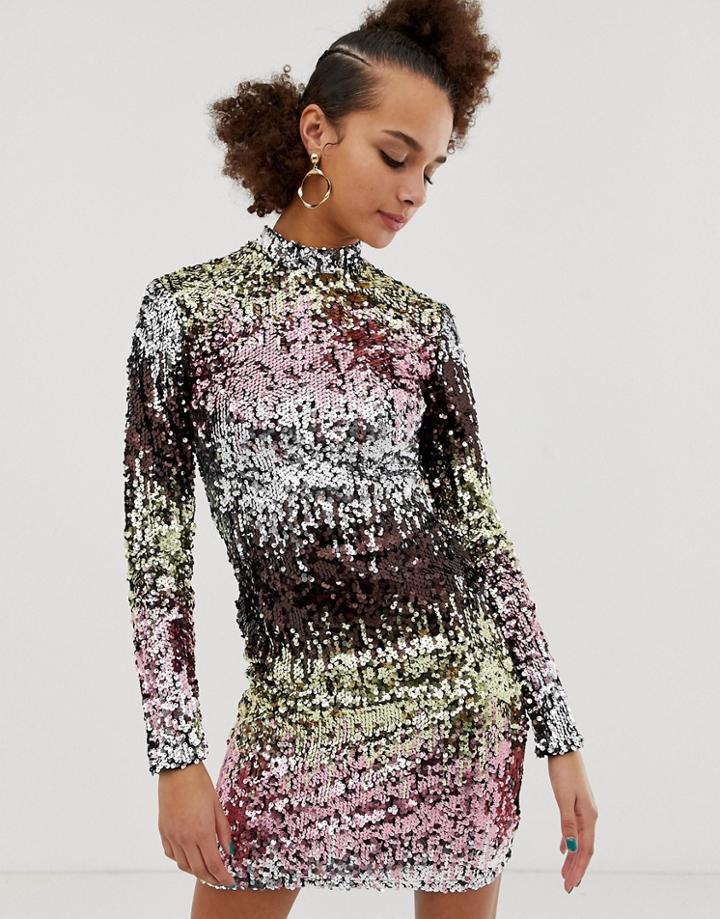 New Look Long Sleeve Bodycon Dress In Multicoloured Sequin - Multi