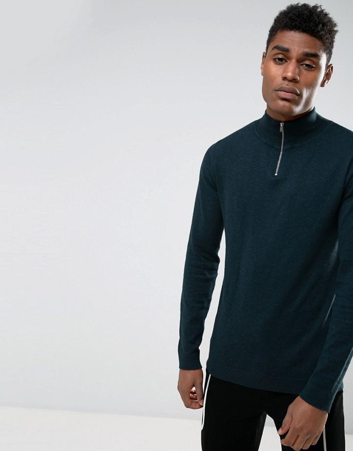 Asos Half Zip Cotton Sweater In Blue - Blue