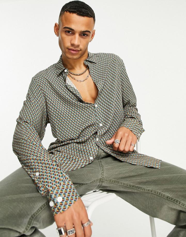Asos Design Shirt In 70s Geo Print-green