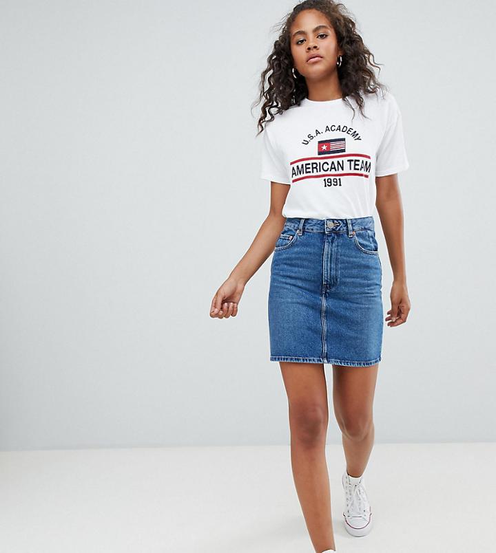 Asos Design Tall Denim Original High Waisted Skirt In Midwash Blue - Blue