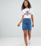 Asos Design Tall Denim Original High Waisted Skirt In Midwash Blue - Blue
