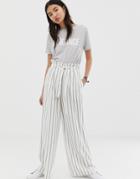 Asos Design Linen Wide Leg Pants With Paperbag Waist And Belt In Stripe - Multi