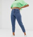 Noisy May Petite Contrast Stitch Mom Jeans In Mid Wash Blue-blues