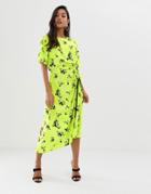 Asos Design Ruched Skirt Midi Dress In Neon Floral Print - Multi