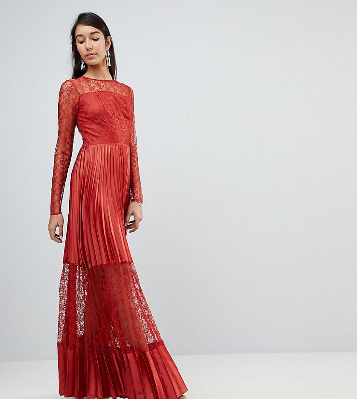 Asos Tall Satin Paneled Lace Pleated Maxi Dress - Red