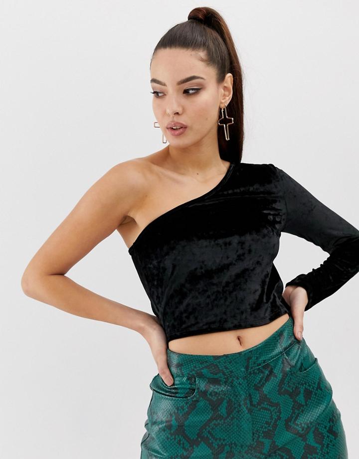 Asos Design One Shoulder Top In Velvet - Black