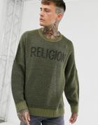 Religion Sweater With Logo Knit In Khaki-green