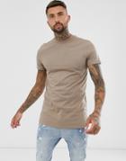 Asos Design Longline T-shirt With Crew Neck And Side Splits In Brown-beige