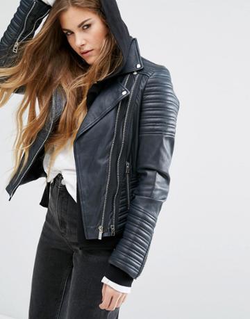 Goosecraft Vintage Look Leather Biker Jacket - Navy