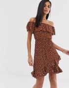 River Island Bardot Swing Dress With Frills In Polka Dot-black