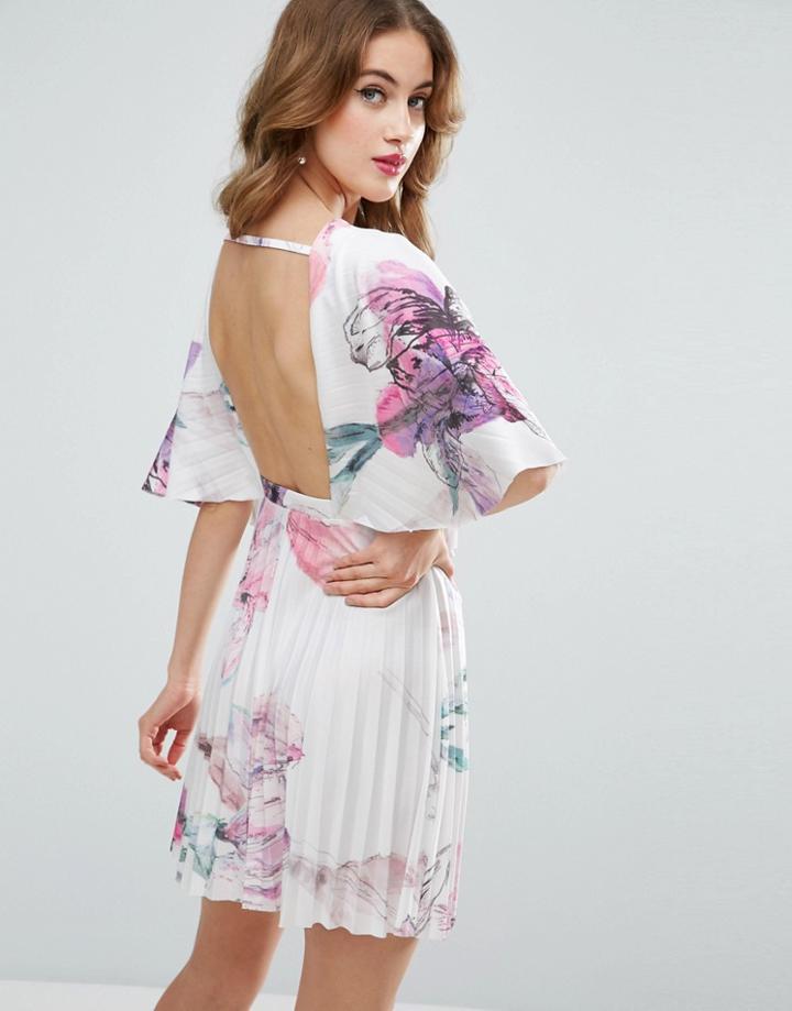 Asos Kimono Pleated Cape Sketchy Floral Mini Dress - Multi