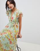 Asos Design Vintage Floral Pleated Maxi Dress With Flutter Sleeve - Multi