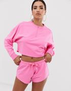 Asos Design Lounge Neon Raw Edge Long Sleeve Sweat & Short Set - Pink