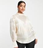 Pretty Lavish Curve High Neck Organza Blouse In Champagne Metallic-white