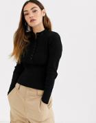 Monki Ribbed Button-down Long Sleeve Sweater In Black
