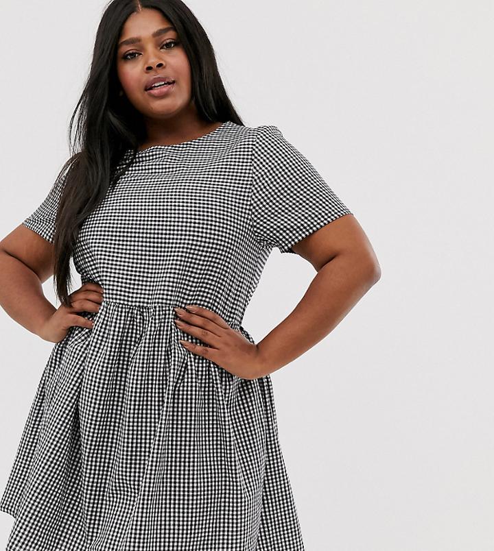 Daisy Street Plus Short Sleeve Smock Dress In Gingham-black