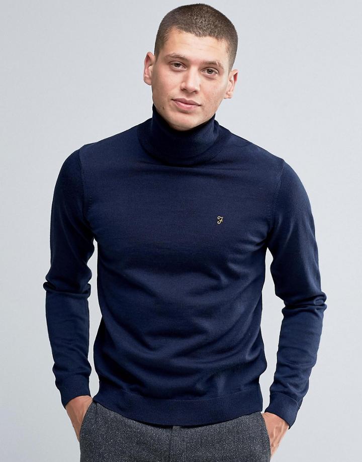 Farah Sweater In Merino Wool With Roll Neck In Slim Fit Blue - Blue