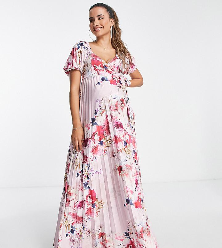 Asos Design Maternity Polyester Puff Sleeve Gathered Front Midi Dress In Floral Print - Multi