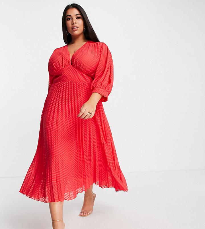 Asos Design Curve Pleated Batwing Midi Dress In Textured Chevron In Red