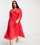 Asos Design Curve Pleated Batwing Midi Dress In Textured Chevron In Red