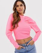 Asos Design High Neck Top With Volume Sleeve And Open Back-pink