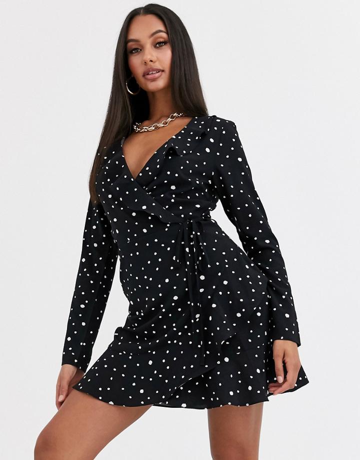 Missguided Long Sleeve Polka Dot Wrap Tea Dress In Black