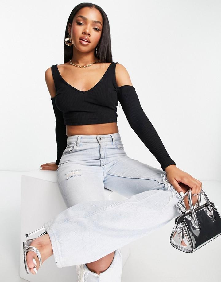 Asos Design Long Sleeve V Front & Back Top In Black