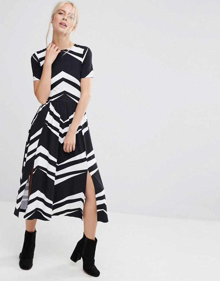 Asos Midi Dress In Chevron Print - Multi