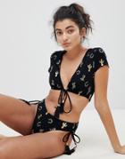 Asos Western Gold Foil Print Tassel Crop Bikini Top - Black