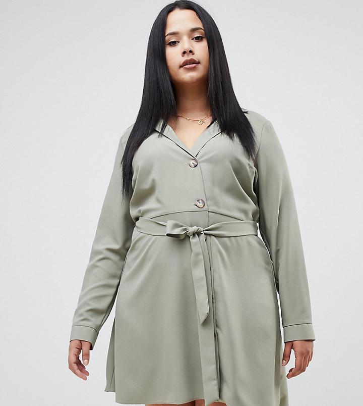Asos Design Curve Mini Shirt Dress With Buttons - Green