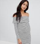 Asos Design Maternity Long Sleeve Bardot Bodycon Dress In Stripe - Multi