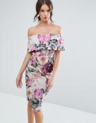 Asos Floral Deep Fold Bardot Midi Dress - Multi