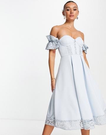 Asos Design Ruffle Sleeve Lace Bardot Midi Prom Dress In Dusky Blue
