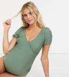 Asos Design Maternity Wrap Puff Sleeve Swimsuit In Khaki-green