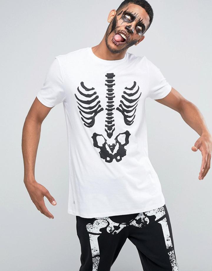 Asos Halloween Longline T-shirt With Skeleton Rib Cage In White - White