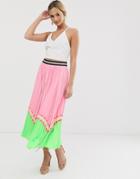 Liquorish Pleated Midaxi Skirt In Pink Neon Color Block