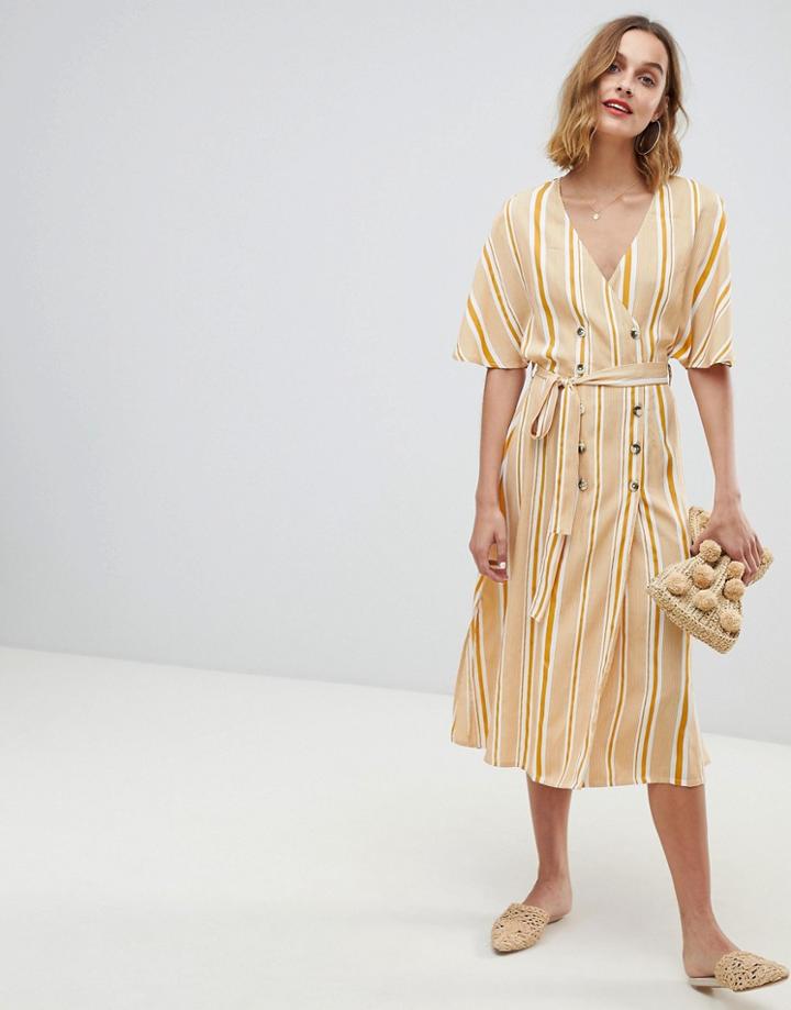 Neon Rose Button Front Midi Dress In Vintage Stripe - Yellow