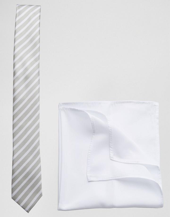 Asos Stripe Tie And White Pocket Square Pack Save 21% - Gray