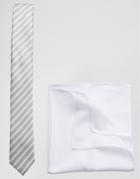 Asos Stripe Tie And White Pocket Square Pack Save 21% - Gray