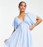 Asos Design Petite Flutter Sleeve Mini Beach Dress In Powder Blue