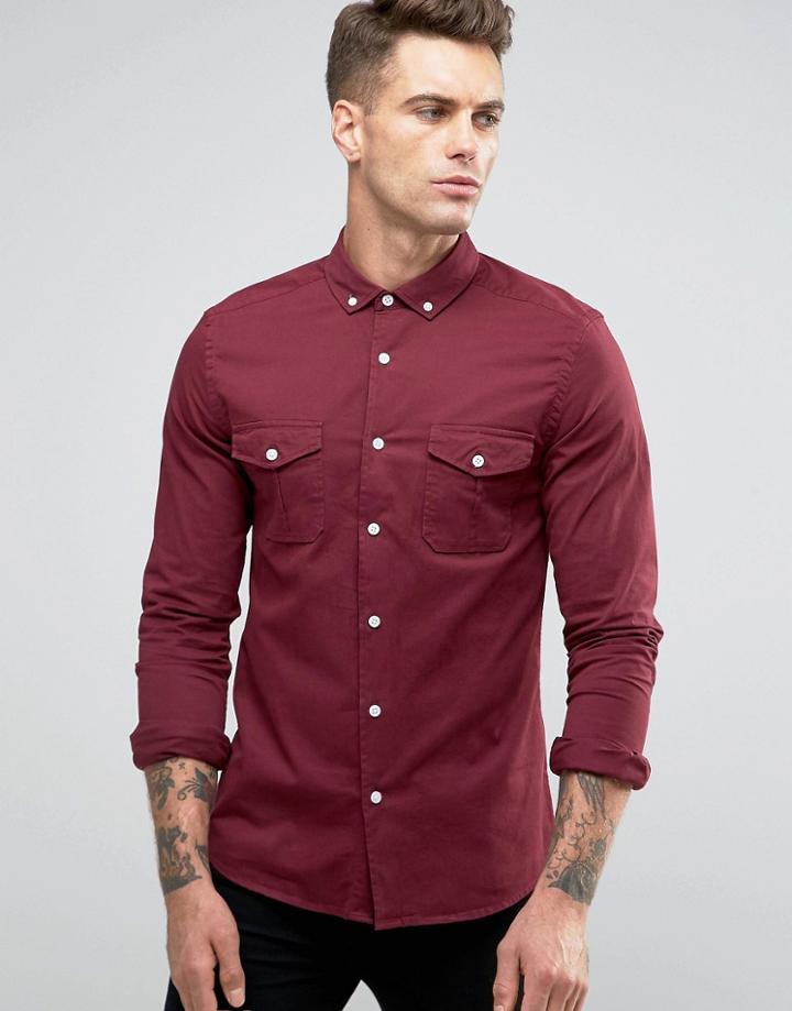 Asos Skinny Military Shirt In Burgundy - Red