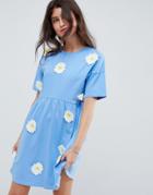 Asos Design Smock Dress With Daisy Appliques - Blue